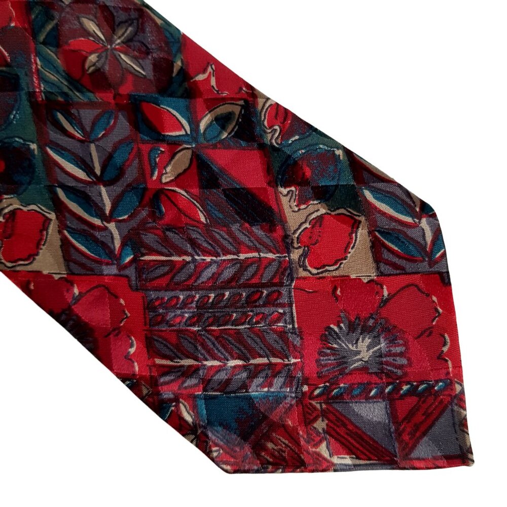 Geoffrey Beene Vintage Silk Tie Red Blue Floral Geometric Abstract 3.75in